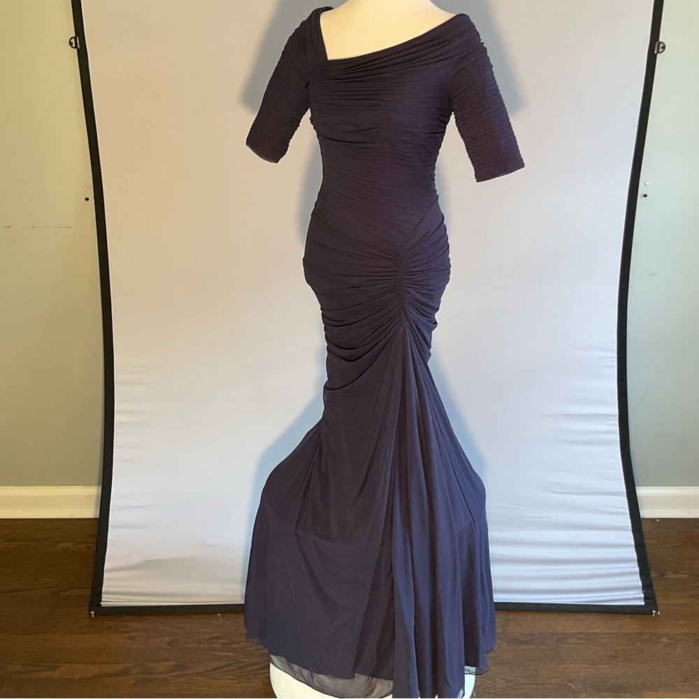 Tadashi Shoji Midnight Navy Sculpted Gown XS Ruched Mermaid Formal Dress - Picture 8 of 16